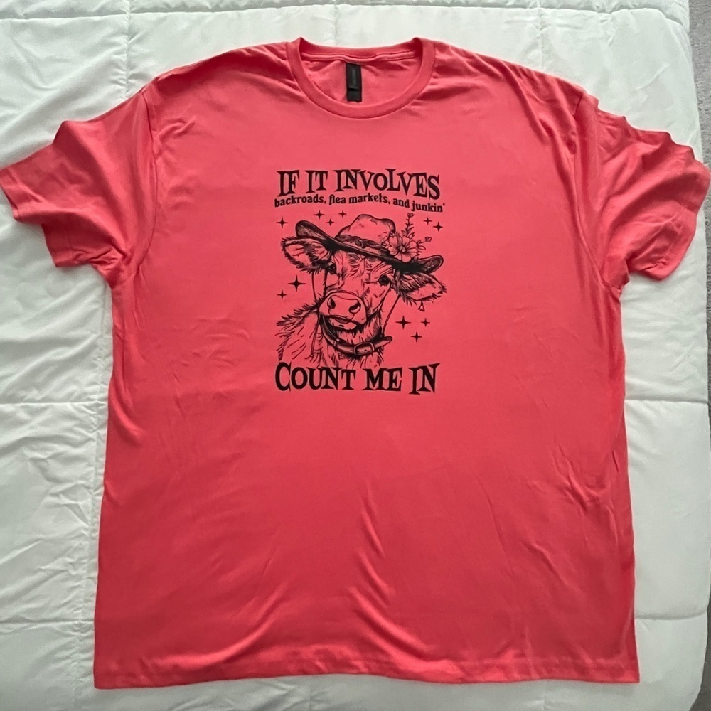 Gildan Coral Tee “If It Involves Backroads, Flea Markets and Junkin…” S2XL. NWOT